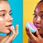 **Vibrant social media post about skincare tips for teens: Focus on a close-up shot of diverse teenagers applying simple, affordable skincare products, with a colorful background and engaging text overlays.**
