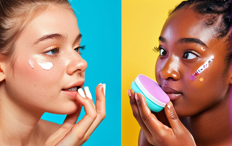 **Vibrant social media post about skincare tips for teens: Focus on a close-up shot of diverse teenagers applying simple, affordable skincare products, with a colorful background and engaging text overlays.**
