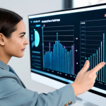 A professional content strategist, fully clothed in modest business attire, stands in a sleek, modern digital marketing studio. She is actively engaging with a transparent holographic display showing dynamic charts, data visualizations of conversion rates, and evolving AI-generated content snippets. Her expression is focused and thoughtful as she gestures towards the screen, demonstrating the power of data-driven action. The studio features subtle futuristic lighting and clean lines. perfect anatomy, correct proportions, natural pose, well-formed hands, proper finger count, natural body proportions, safe for work, appropriate content, professional, high quality, ultra-detailed, realistic.