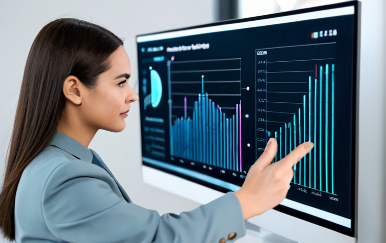 A professional content strategist, fully clothed in modest business attire, stands in a sleek, modern digital marketing studio. She is actively engaging with a transparent holographic display showing dynamic charts, data visualizations of conversion rates, and evolving AI-generated content snippets. Her expression is focused and thoughtful as she gestures towards the screen, demonstrating the power of data-driven action. The studio features subtle futuristic lighting and clean lines. perfect anatomy, correct proportions, natural pose, well-formed hands, proper finger count, natural body proportions, safe for work, appropriate content, professional, high quality, ultra-detailed, realistic.