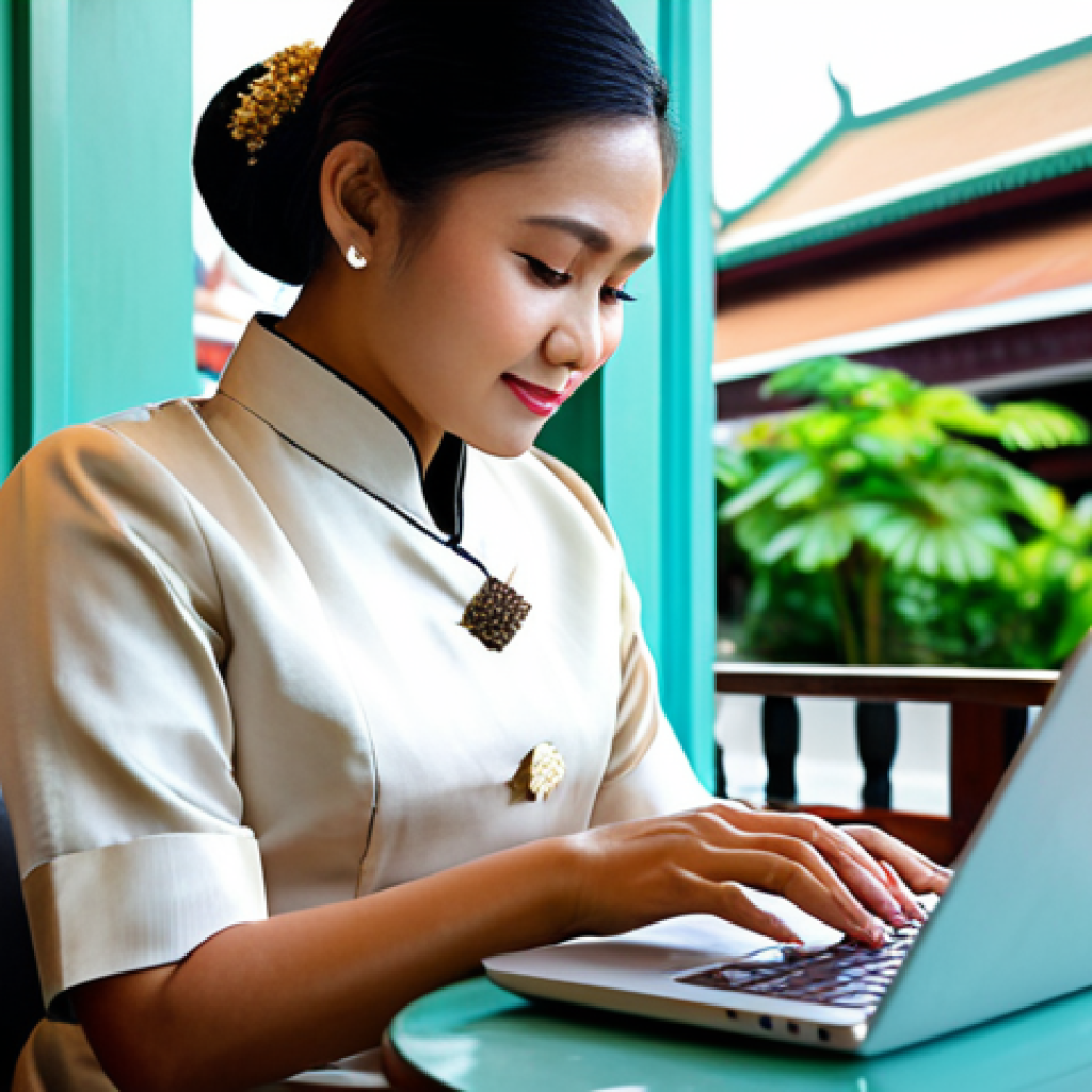 디지털 스토리의 소비자 참여 유도기법 - "A professional Thai businesswoman in a modest, traditional Thai silk dress, working on a laptop at ...