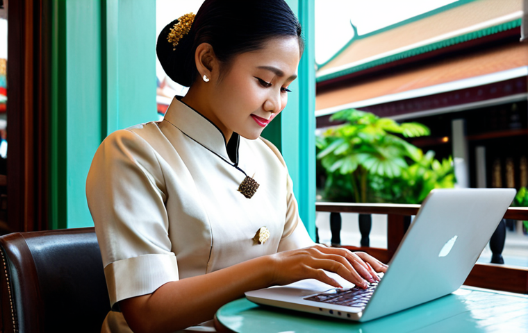 디지털 스토리의 소비자 참여 유도기법 - "A professional Thai businesswoman in a modest, traditional Thai silk dress, working on a laptop at ...