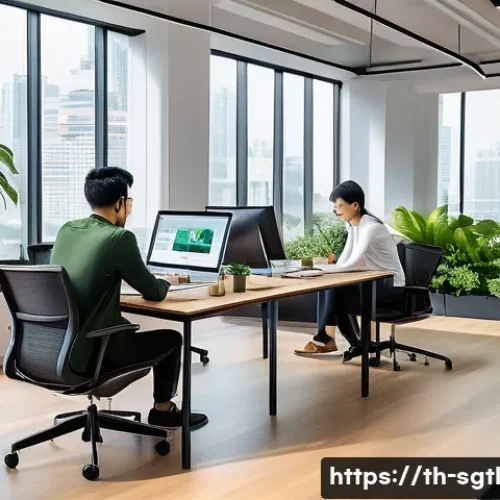 Home 32 디지털 스토리에서의 테마와 톤 설정하기 - A modern, sleek office workspace scene with diverse young Thai professionals collaborating around a ...