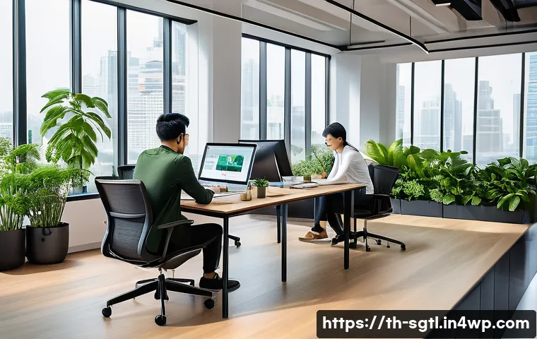 디지털 스토리에서의 테마와 톤 설정하기 - A modern, sleek office workspace scene with diverse young Thai professionals collaborating around a ...