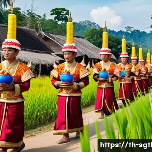 Home 31 디지털 스토리와 문화적 요소의 관계 - A vibrant scene of a traditional Thai Isan festival, featuring a procession with locals dressed in c...