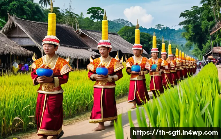 디지털 스토리와 문화적 요소의 관계 - A vibrant scene of a traditional Thai Isan festival, featuring a procession with locals dressed in c...