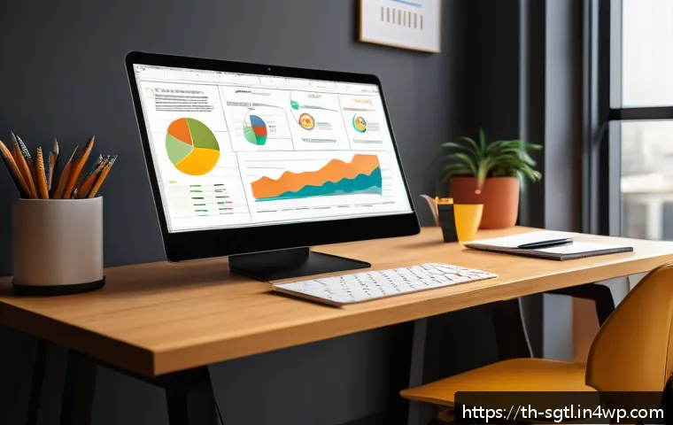 디지털 스토리에서 시각적 요소의 중요성 - A vibrant digital storytelling workspace featuring a modern desk with a large monitor displaying a c...