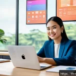 Home 23 디지털 스토리 구조화의 도전과 기회 - A vibrant digital marketing workspace featuring a Thai content creator sitting at a desk with a lapt...