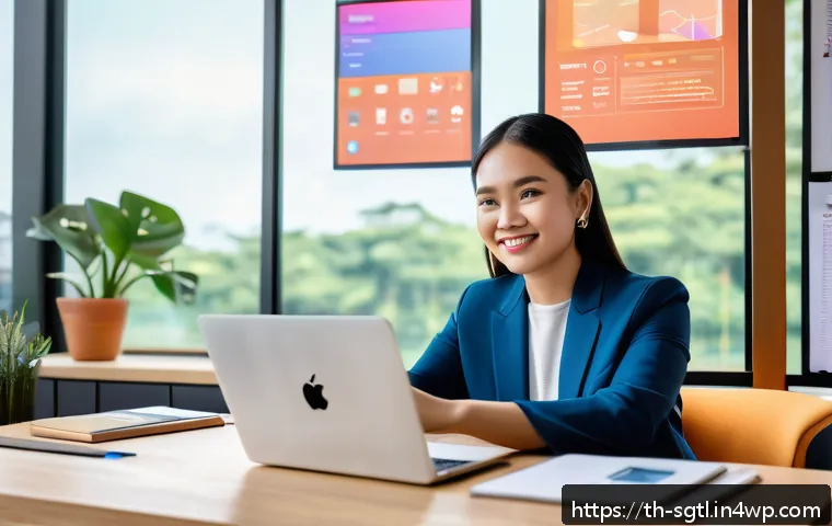 디지털 스토리 구조화의 도전과 기회 - A vibrant digital marketing workspace featuring a Thai content creator sitting at a desk with a lapt...